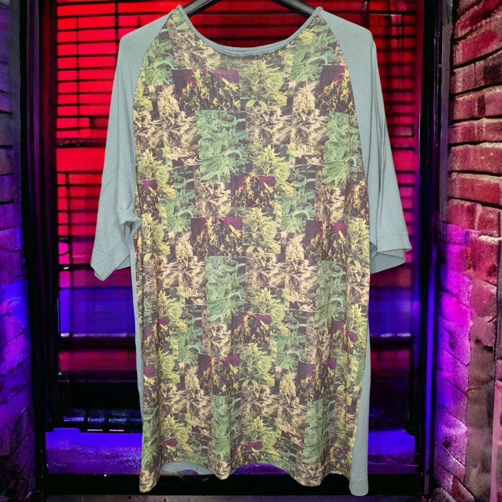"X-Large" T-Shirt Made in USA Weed Leaf Print Raglan Sleeve Green, Large